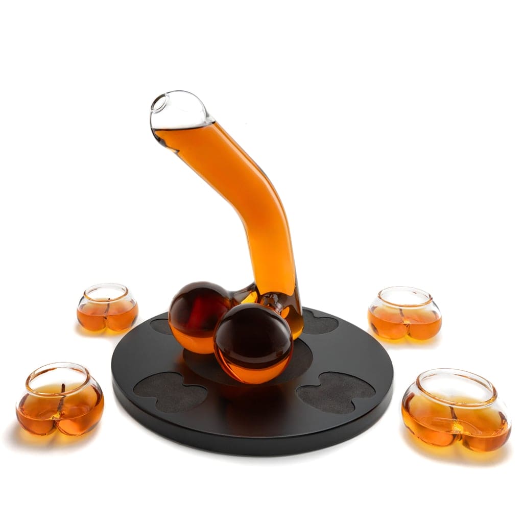 Don Vassie Penis Decanter 850ml with 4 shot glasses 140ml and a rich classic wooden base